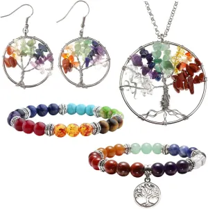 Jovivi 7 Chakra Life Tree Tumbled Gemstone Healing Crystals Necklace & Earrings & Chakra Bracelet Sets, Mothers Day Gifts