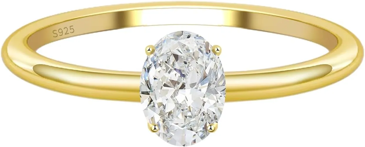 JSJOY 925 Sterling Silver Gold Promise Rings for Her Cubic Zirconia Engagement Rings for Women Trendy Oval Cut Solitaire Wedding Bands Size 3.5-10 Anniversary Jewelry Gifts for Women
