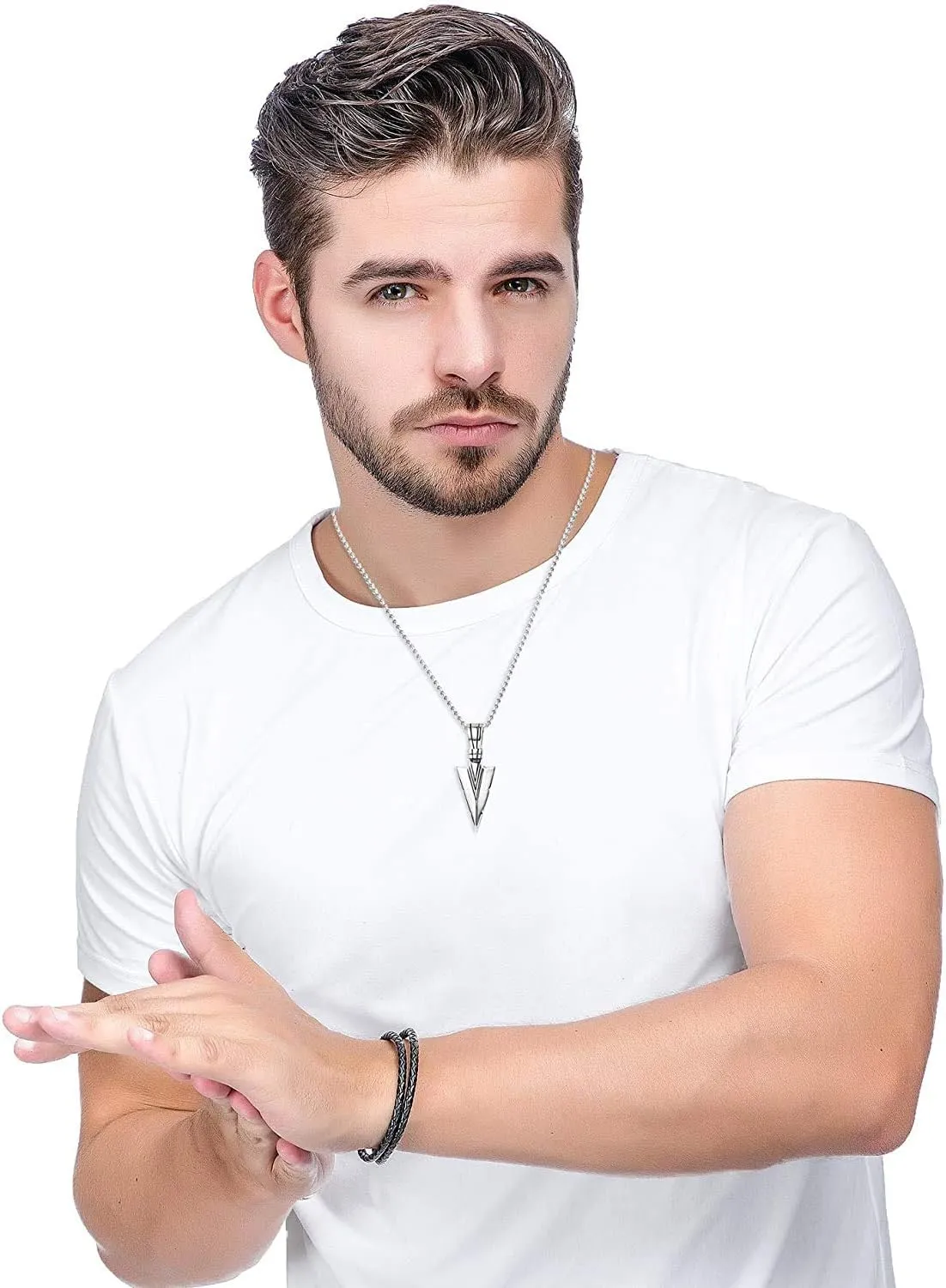 Jstyle 2Pcs Stainless Steel Pendant Necklace for Mens Spearpoint Arrowhead Wolf Teeth Pendant Chain Necklace Set