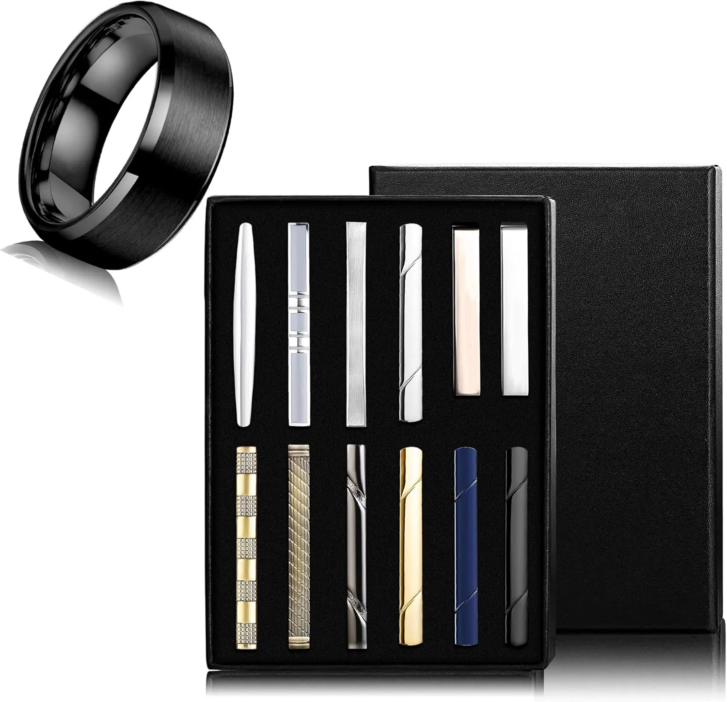 Jstyle Men's Ring and Tie Clips Set Black Size 7 Band Rings & Men Clip Set for Regular Ties Necktie Wedding Business