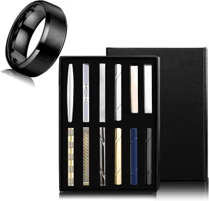 Jstyle Men's Ring and Tie Clips Set Black Size 7.5 Band Rings & Men Clip Set for Regular Ties Necktie Wedding Business