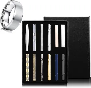 Jstyle Men's Ring and Tie Clips Set Silver Size 8 Band Rings & Men Clip Set for Regular Ties Necktie Wedding Business