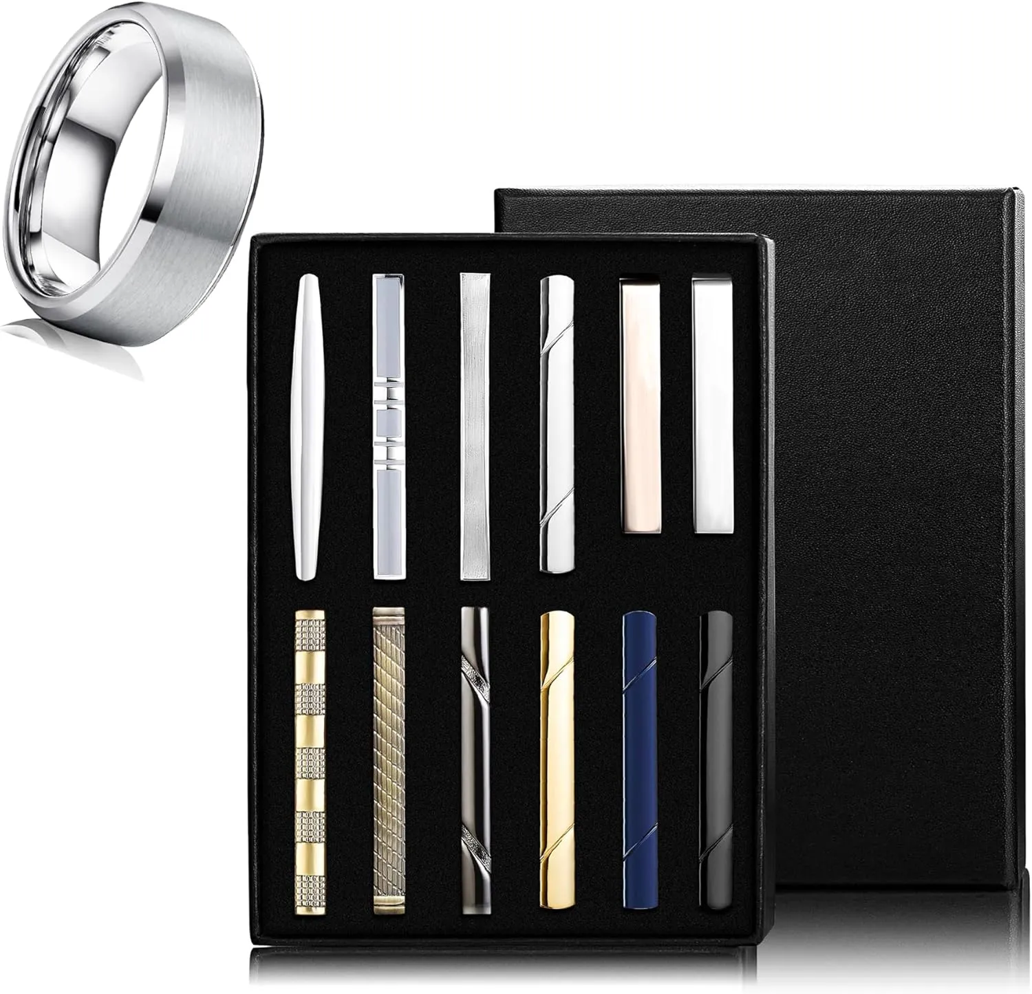 Jstyle Men's Ring and Tie Clips Set Silver Size 8 Band Rings & Men Clip Set for Regular Ties Necktie Wedding Business