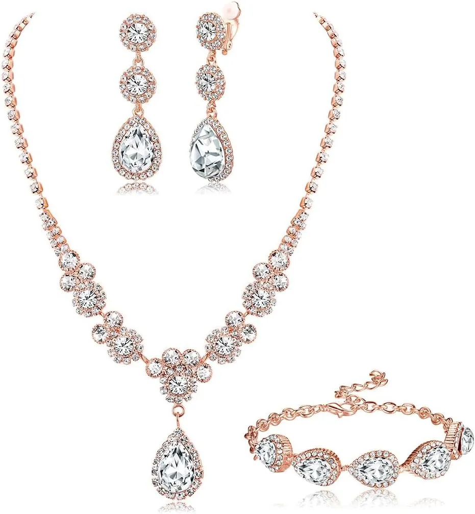Jstyle Rhinestone Bridal Jewelry Set Necklace Bracelet Clip On Earrings for Brides Bridesmaid Cluster Crystal Teardrop Pendants Jewelry Set for Wedding Prom