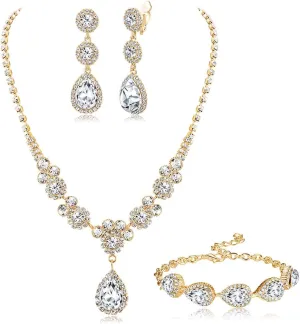 Jstyle Rhinestone Bridal Jewelry Set Necklace Bracelet Clip On Earrings for Brides Bridesmaid Cluster Crystal Teardrop Pendants Jewelry Set for Wedding Prom