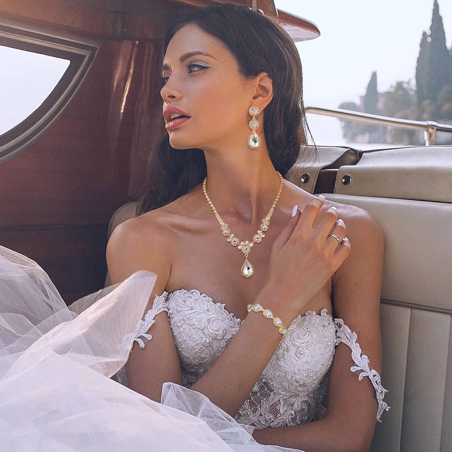 Jstyle Rhinestone Bridal Jewelry Set Necklace Bracelet Clip On Earrings for Brides Bridesmaid Cluster Crystal Teardrop Pendants Jewelry Set for Wedding Prom