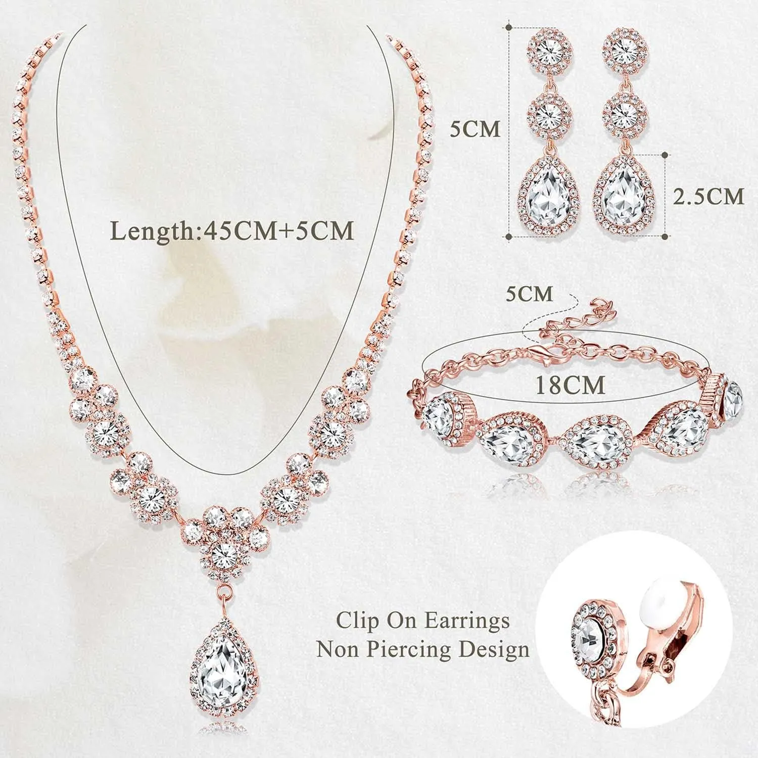 Jstyle Rhinestone Bridal Jewelry Set Necklace Bracelet Clip On Earrings for Brides Bridesmaid Cluster Crystal Teardrop Pendants Jewelry Set for Wedding Prom