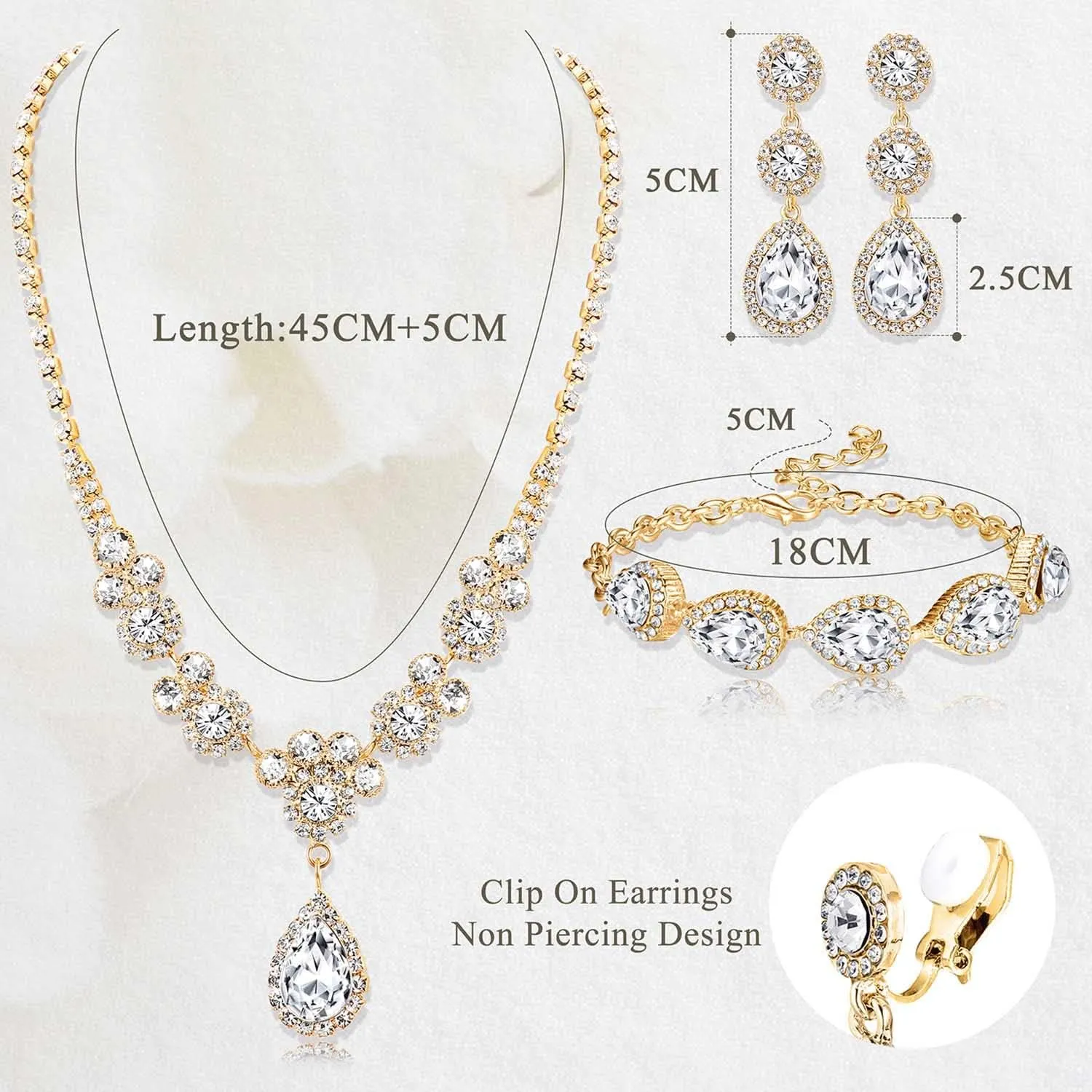 Jstyle Rhinestone Bridal Jewelry Set Necklace Bracelet Clip On Earrings for Brides Bridesmaid Cluster Crystal Teardrop Pendants Jewelry Set for Wedding Prom