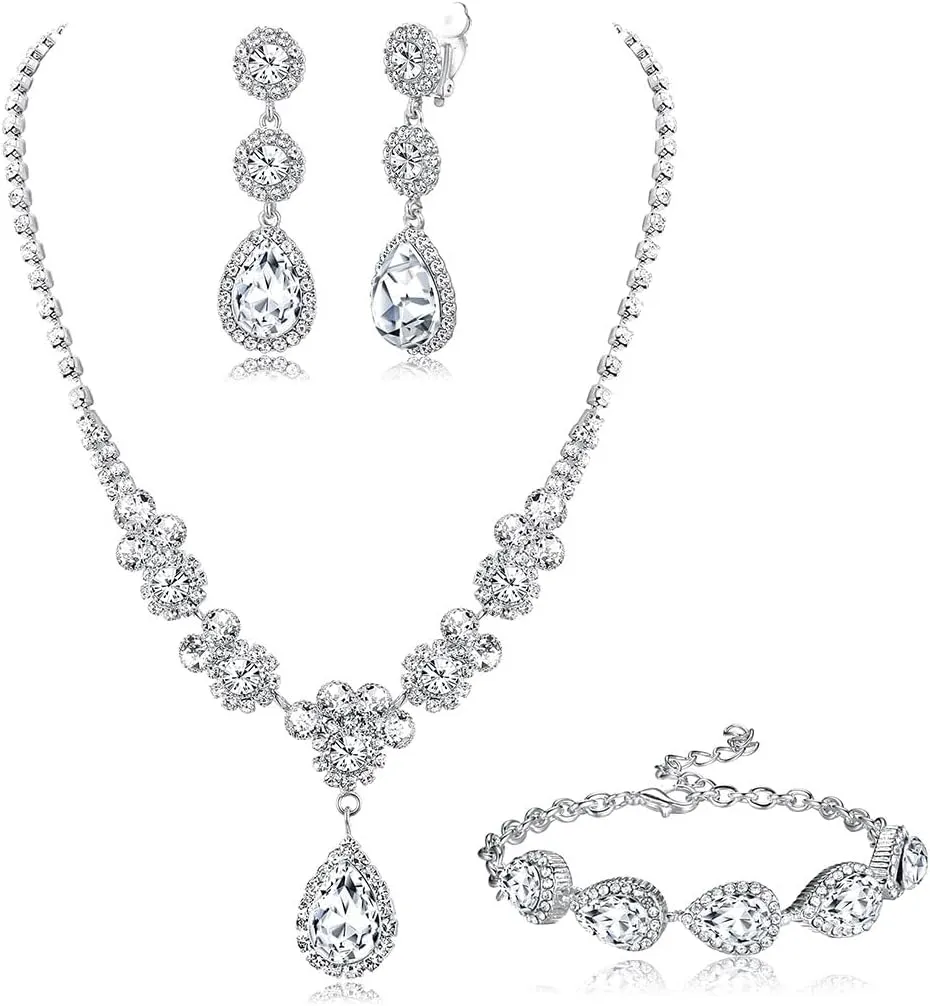 Jstyle Rhinestone Bridal Jewelry Set Necklace Bracelet Clip On Earrings for Brides Bridesmaid Cluster Crystal Teardrop Pendants Jewelry Set for Wedding Prom