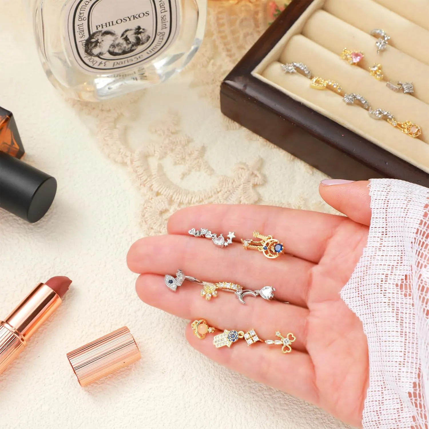 Junkin 18 Pcs 20g Dangle Nose Rings Studs Women L Shaped Dangling Stud Hoop Nose Piercing Jewelry Heart Star Rings