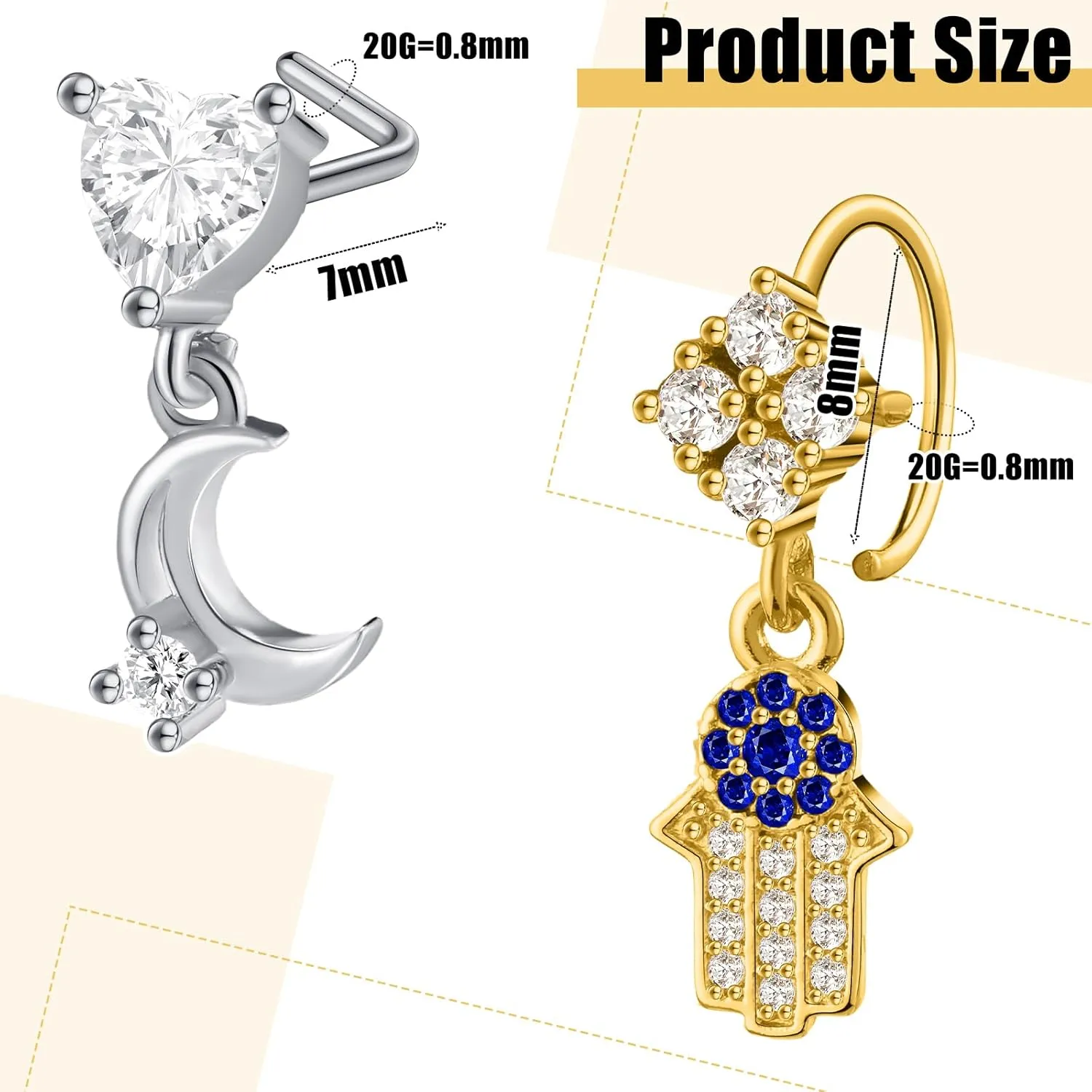 Junkin 18 Pcs 20g Dangle Nose Rings Studs Women L Shaped Dangling Stud Hoop Nose Piercing Jewelry Heart Star Rings