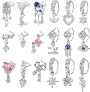 Junkin 18 Pcs 20g Dangle Nose Rings Studs Women L Shaped Dangling Stud Hoop Nose Piercing Jewelry Heart Star Rings