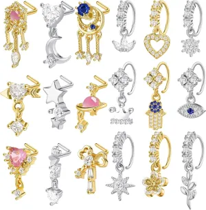 Junkin 18 Pcs 20g Dangle Nose Rings Studs Women L Shaped Dangling Stud Hoop Nose Piercing Jewelry Heart Star Rings