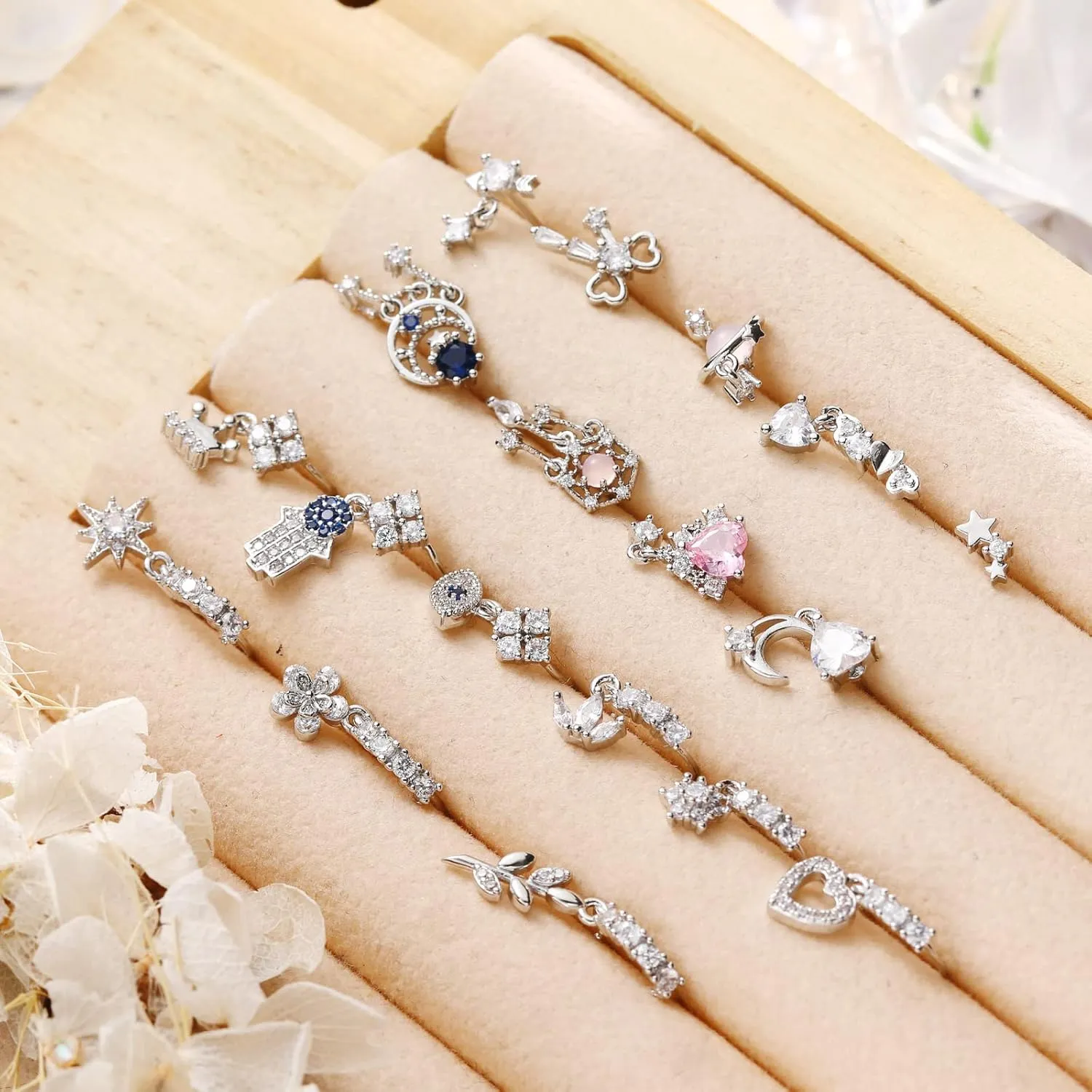 Junkin 18 Pcs 20g Dangle Nose Rings Studs Women L Shaped Dangling Stud Hoop Nose Piercing Jewelry Heart Star Rings