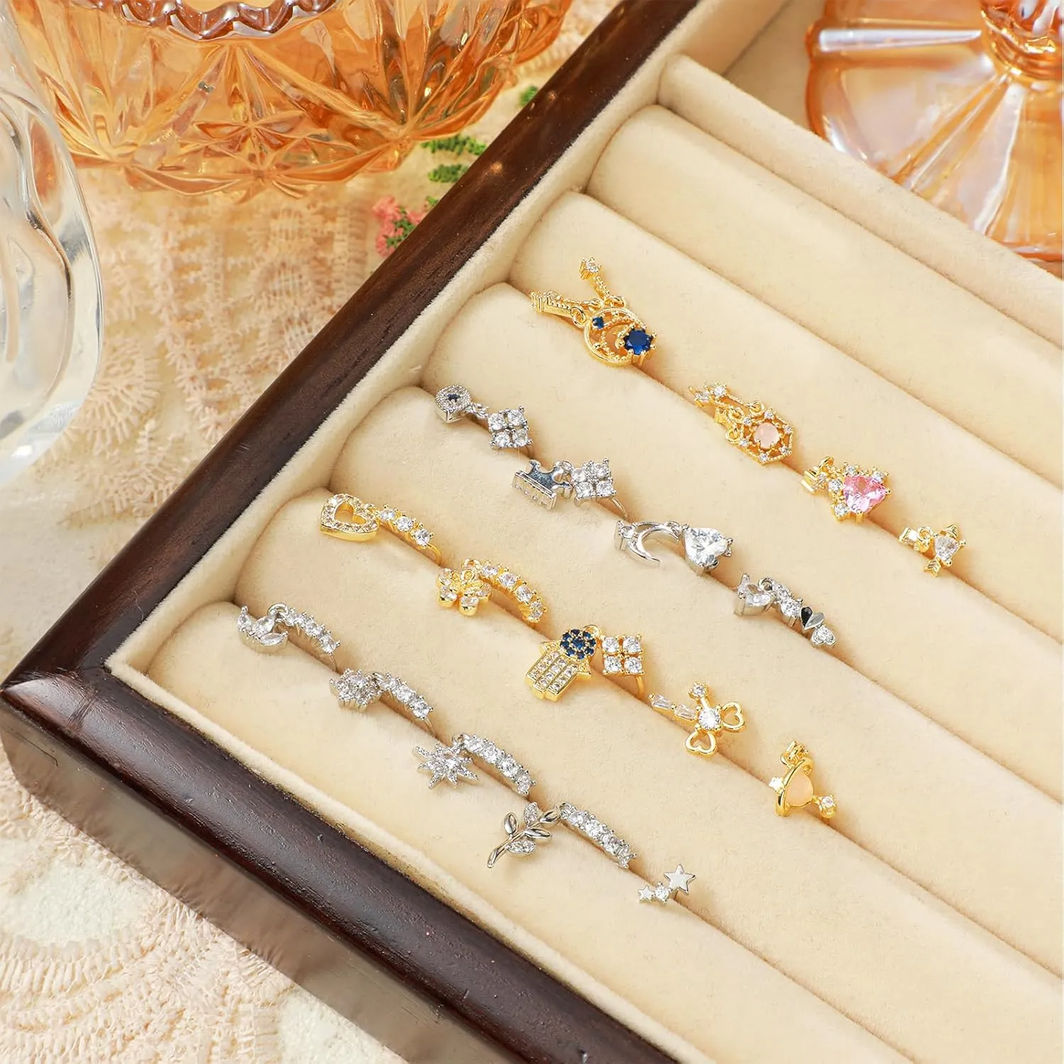 Junkin 18 Pcs 20g Dangle Nose Rings Studs Women L Shaped Dangling Stud Hoop Nose Piercing Jewelry Heart Star Rings