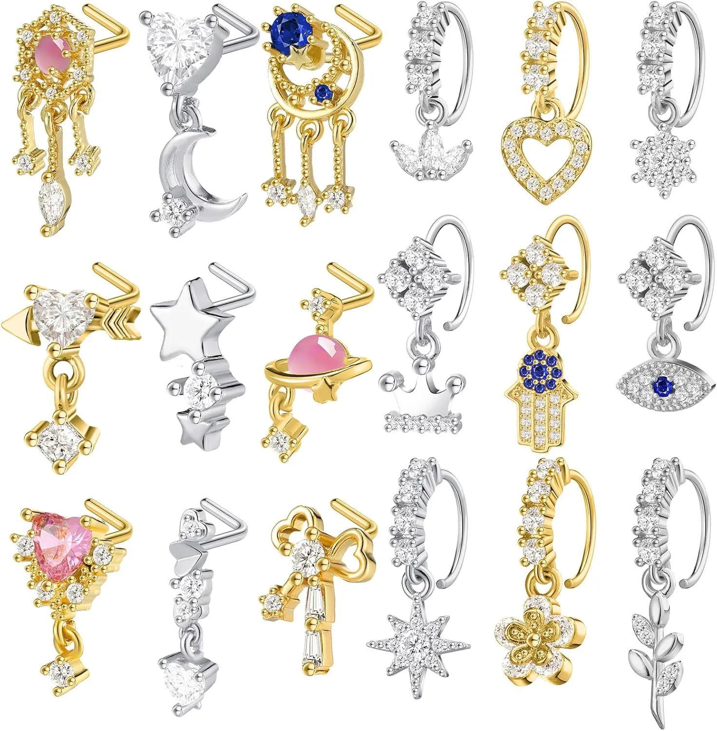 Junkin 18 Pcs 20g Dangle Nose Rings Studs Women L Shaped Dangling Stud Hoop Nose Piercing Jewelry Heart Star Rings