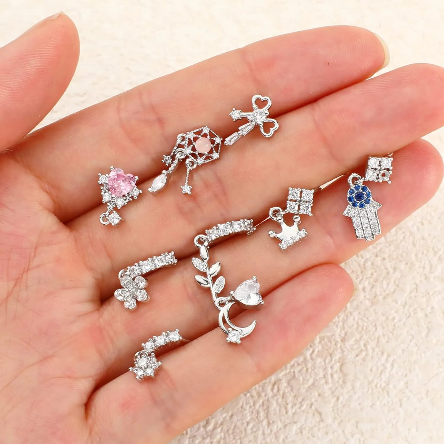 Junkin 18 Pcs 20g Dangle Nose Rings Studs Women L Shaped Dangling Stud Hoop Nose Piercing Jewelry Heart Star Rings