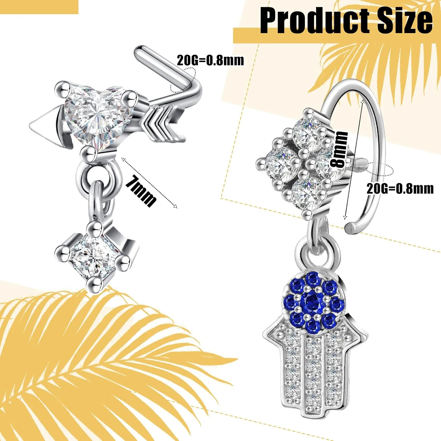 Junkin 18 Pcs 20g Dangle Nose Rings Studs Women L Shaped Dangling Stud Hoop Nose Piercing Jewelry Heart Star Rings