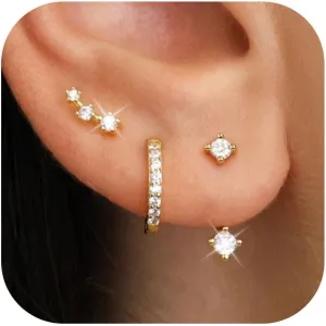 JUNVirtuous 925 Sterling Silver Earrings for Women Hypoallergenic 3 Pair Cubic Zirconia Small Silver Hoop Stud Earrings Sets for Multiple Piercing Stacks Plated Dainty Huggiu Earings Jewelry
