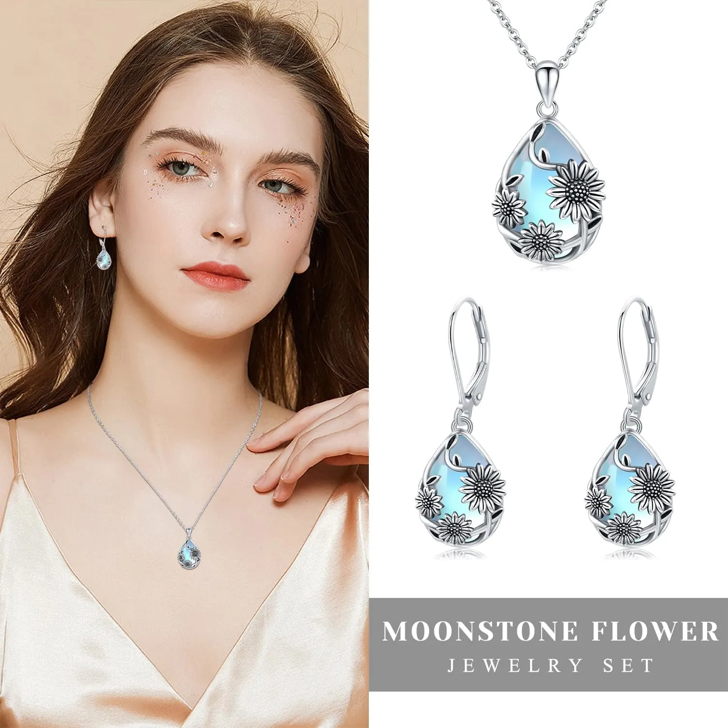 JUSTKIDSTOY Moonstone Necklace 925 Sterling Silver Teardrop Pendant Necklace Jewelry Gifts for Women Girls