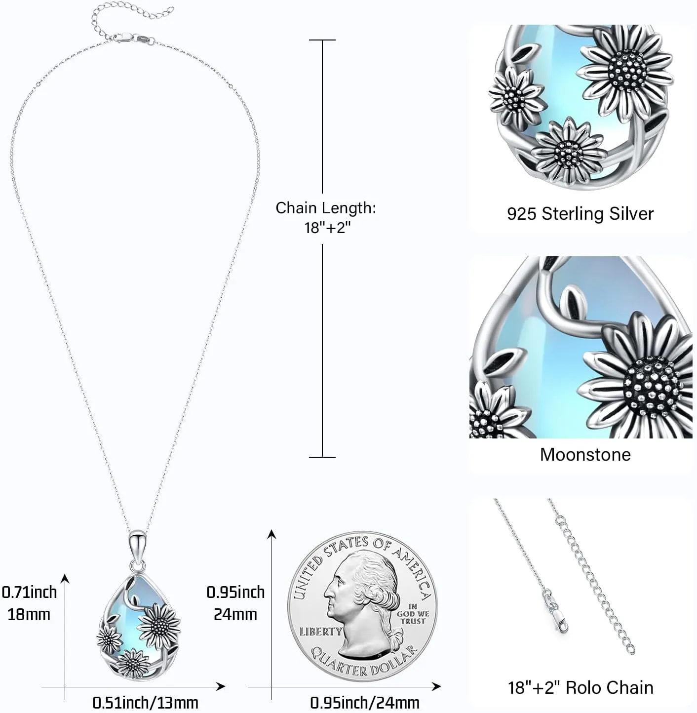 JUSTKIDSTOY Moonstone Necklace 925 Sterling Silver Teardrop Pendant Necklace Jewelry Gifts for Women Girls