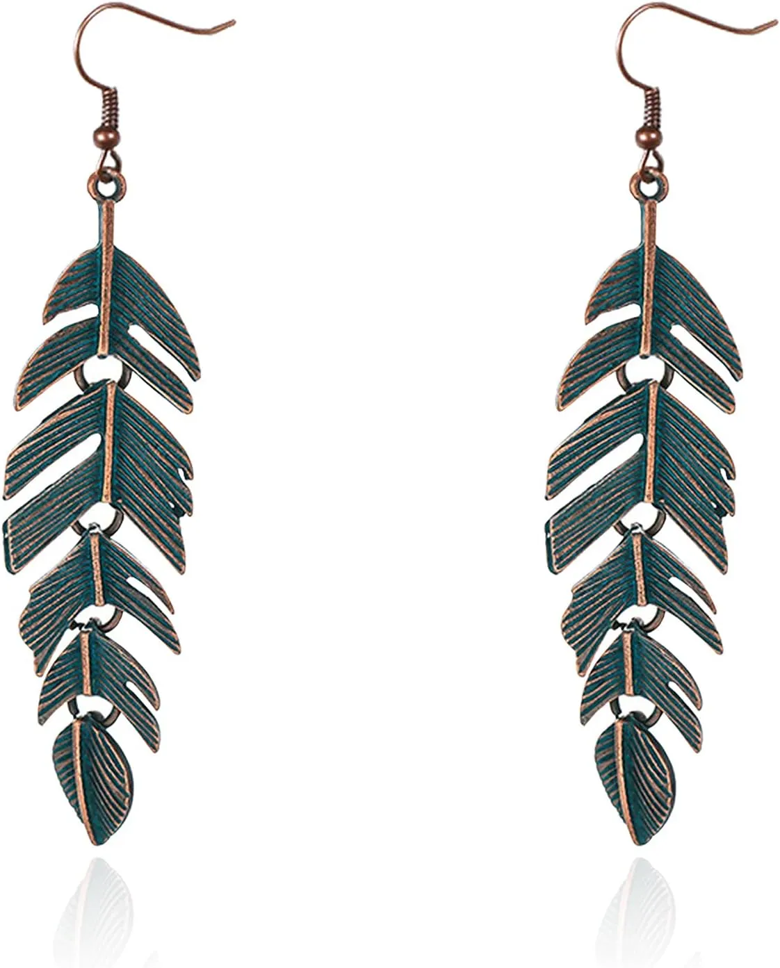 KaFu Floating Feathers Earrings Handmade Boho Vintage Green Bronze Lightweight Statement Leaves Earrings with Detailed Texture Drop Dangle Earring for Women