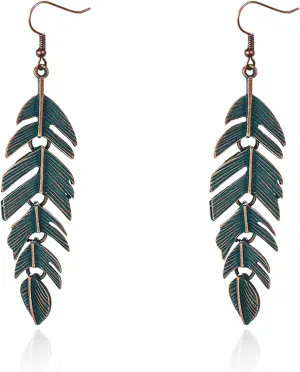 KaFu Floating Feathers Earrings Handmade Boho Vintage Green Bronze Lightweight Statement Leaves Earrings with Detailed Texture Drop Dangle Earring for Women
