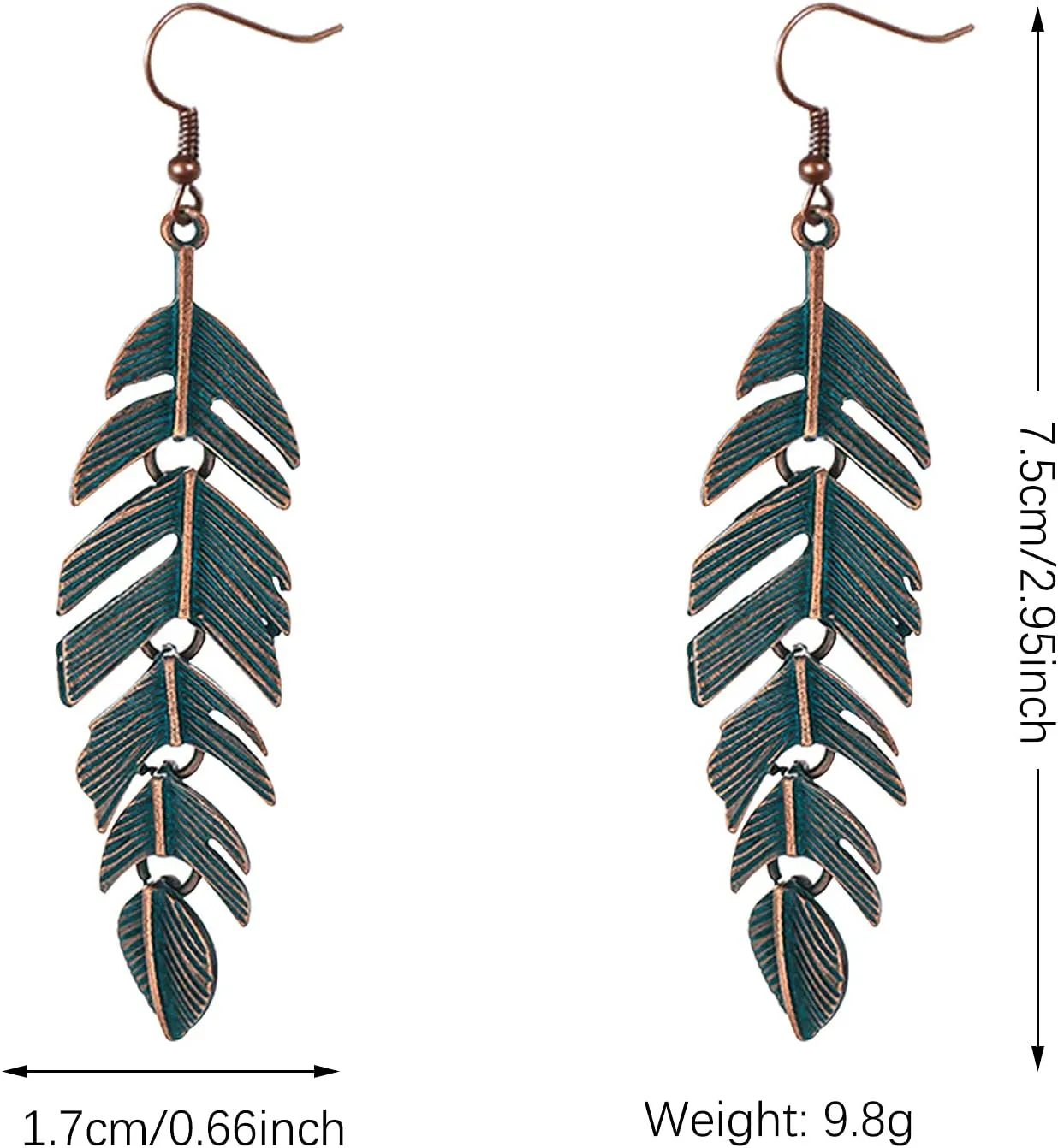 KaFu Floating Feathers Earrings Handmade Boho Vintage Green Bronze Lightweight Statement Leaves Earrings with Detailed Texture Drop Dangle Earring for Women