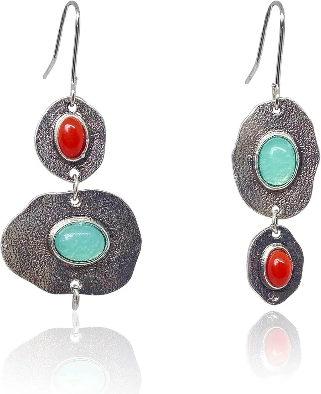 KaFu Handmade Vintage Boho asymmetrical Earrings 925 Silver Plated Bohemia Tribal Ethnic Drop Dangle Earrings for Women