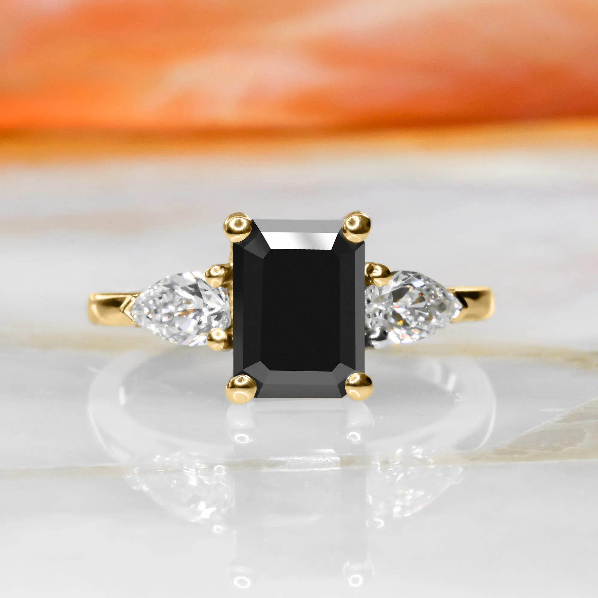 Kamari  Three Stone  Natural Black Diamond Emerald Cut Engagement Ring