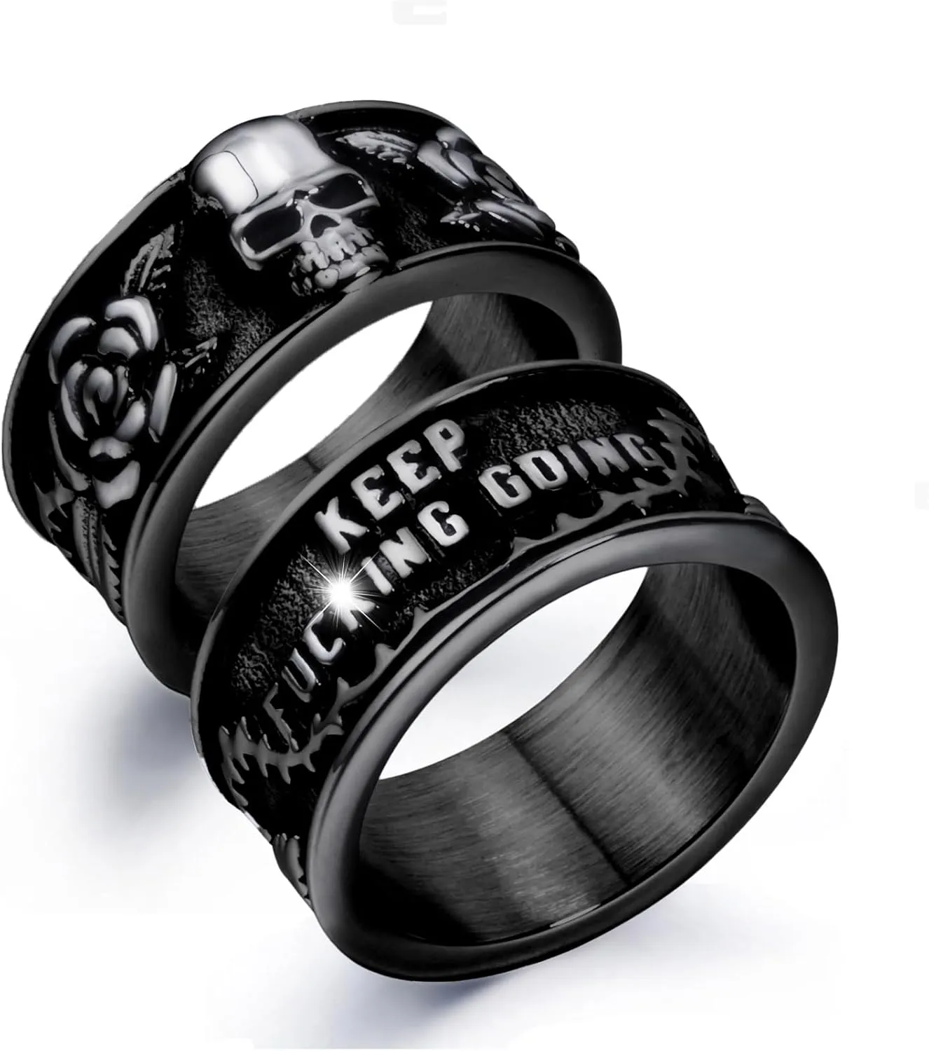 Keep Going Ring Stainless Steel Gothic Rose Skull Rings for Men Women Band Silver Skeleton Cocktail Party Ring Size 8-13
