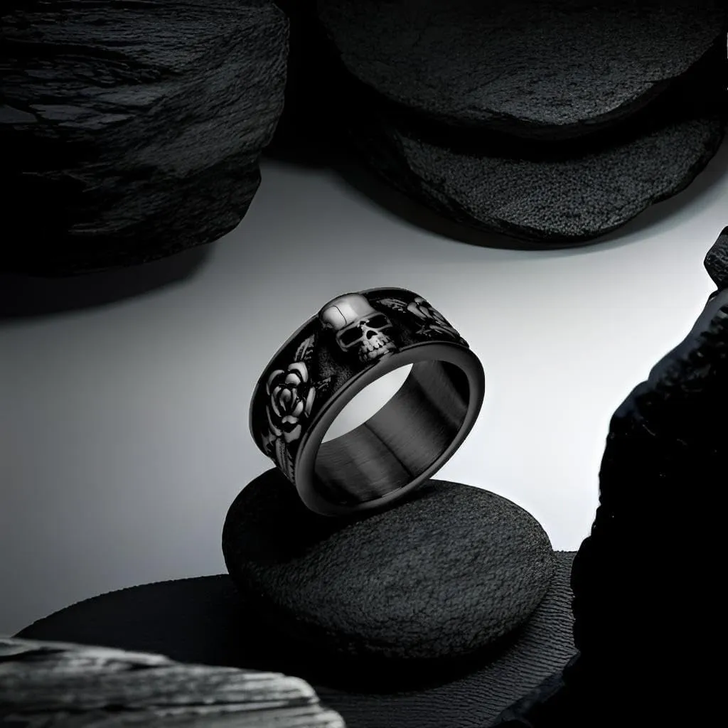 Keep Going Ring Stainless Steel Gothic Rose Skull Rings for Men Women Band Silver Skeleton Cocktail Party Ring Size 8-13