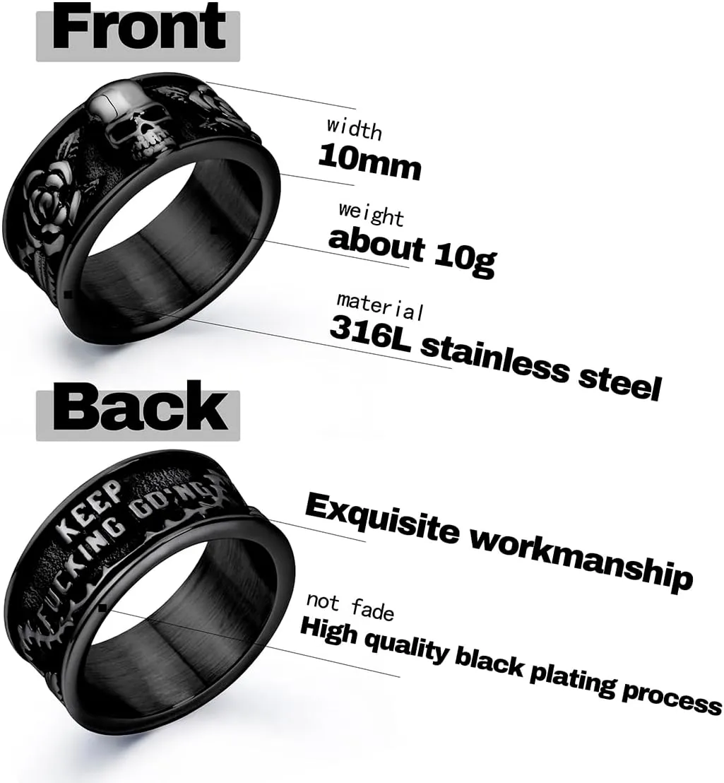 Keep Going Ring Stainless Steel Gothic Rose Skull Rings for Men Women Band Silver Skeleton Cocktail Party Ring Size 8-13