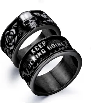 Keep Going Ring Stainless Steel Gothic Rose Skull Rings for Men Women Band Silver Skeleton Cocktail Party Ring Size 8-13