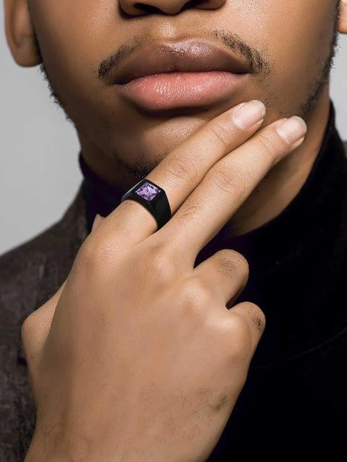 KeyStyle Square Gemstone Signet Rings for Men, Personalized Stainless Steel Pinky Ring with Black Onxy Blue Topaz Birthstone Statement Ring