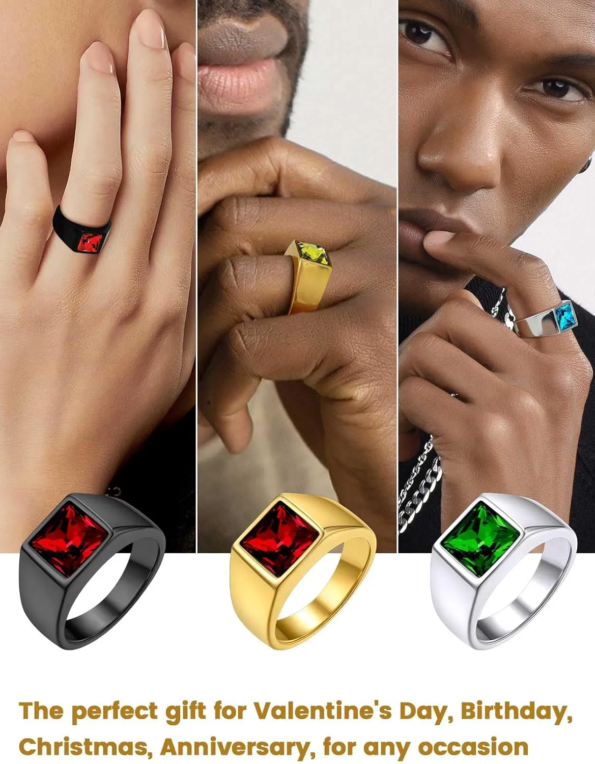 KeyStyle Square Gemstone Signet Rings for Men, Personalized Stainless Steel Pinky Ring with Black Onxy Blue Topaz Birthstone Statement Ring
