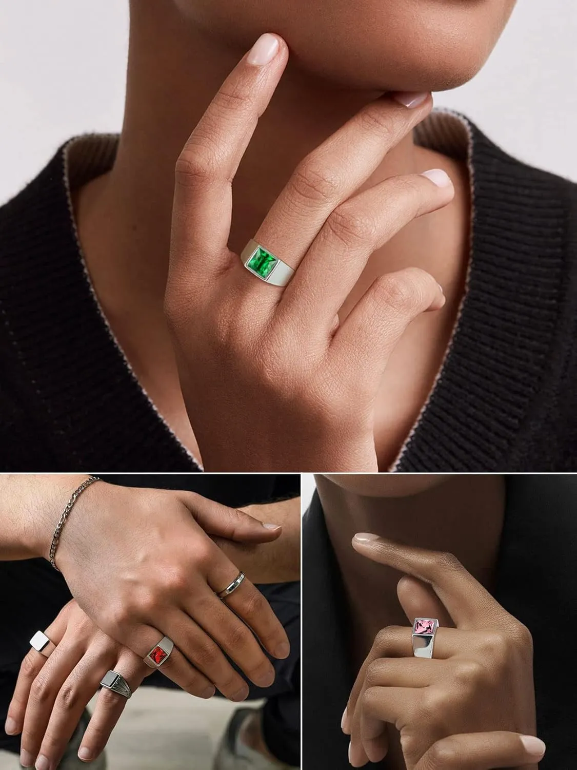 KeyStyle Square Gemstone Signet Rings for Men, Personalized Stainless Steel Pinky Ring with Black Onxy Blue Topaz Birthstone Statement Ring