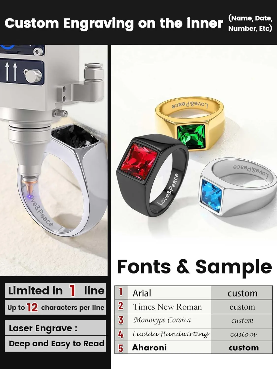 KeyStyle Square Gemstone Signet Rings for Men, Personalized Stainless Steel Pinky Ring with Black Onxy Blue Topaz Birthstone Statement Ring