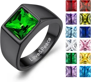 KeyStyle Square Gemstone Signet Rings for Men, Personalized Stainless Steel Pinky Ring with Black Onxy Blue Topaz Birthstone Statement Ring