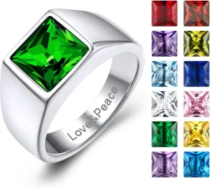 KeyStyle Square Gemstone Signet Rings for Men, Personalized Stainless Steel Pinky Ring with Black Onxy Blue Topaz Birthstone Statement Ring