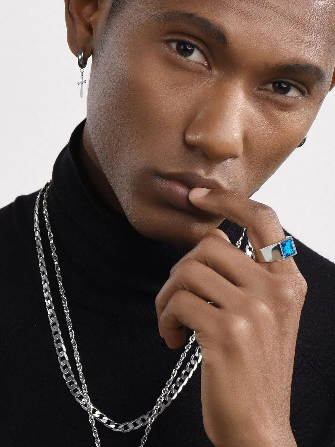 KeyStyle Square Gemstone Signet Rings for Men, Personalized Stainless Steel Pinky Ring with Black Onxy Blue Topaz Birthstone Statement Ring
