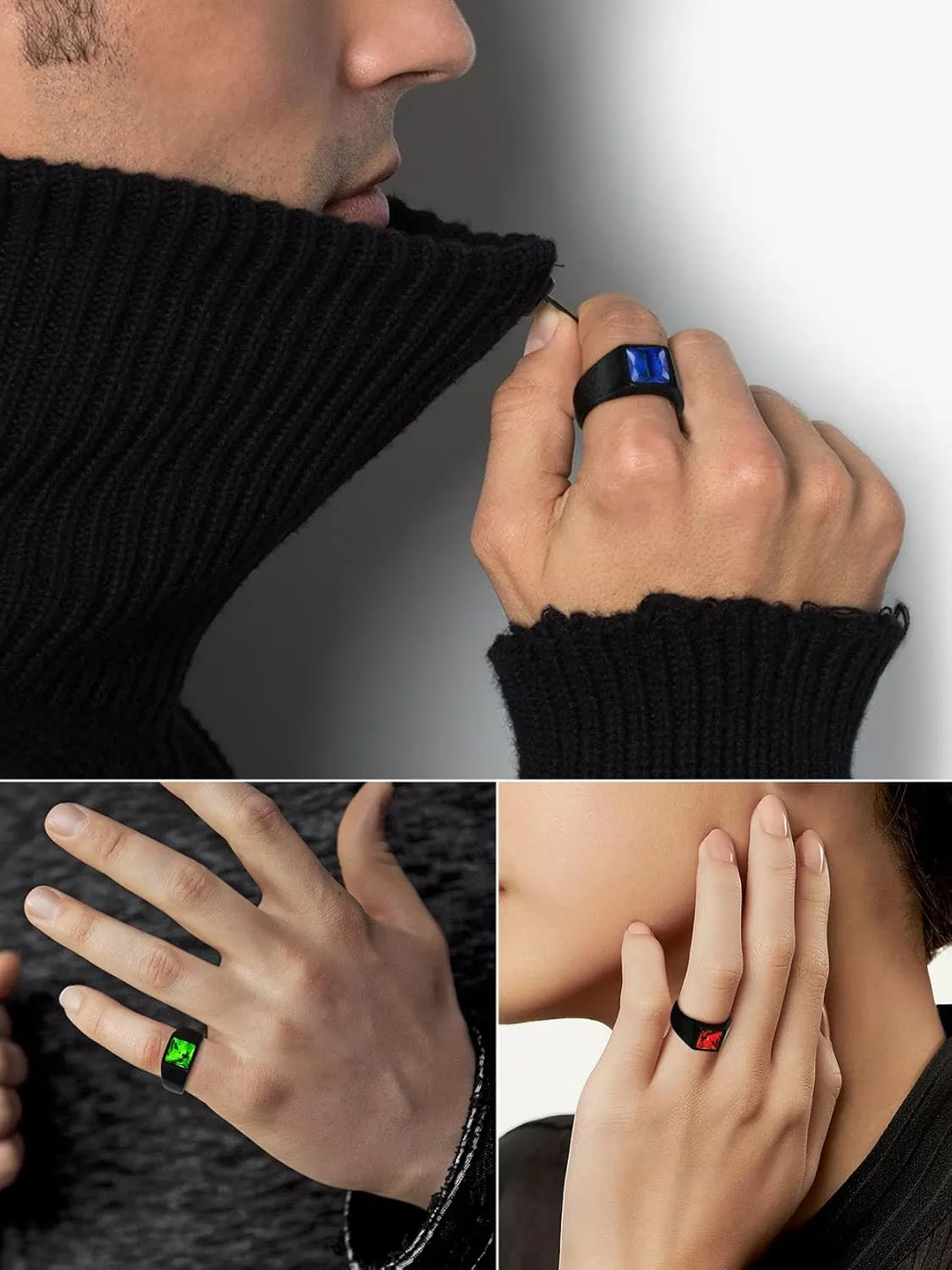 KeyStyle Square Gemstone Signet Rings for Men, Personalized Stainless Steel Pinky Ring with Black Onxy Blue Topaz Birthstone Statement Ring