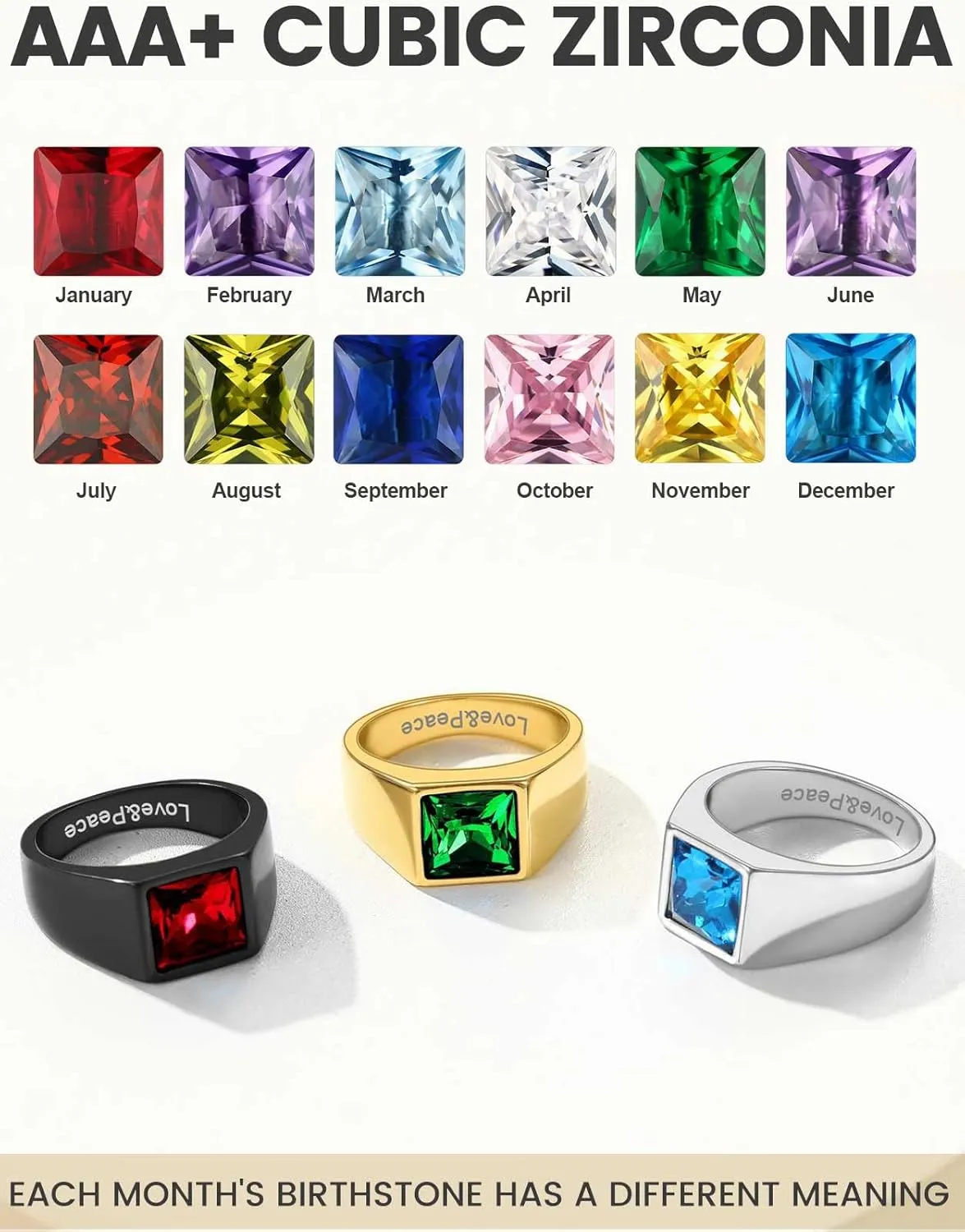 KeyStyle Square Gemstone Signet Rings for Men, Personalized Stainless Steel Pinky Ring with Black Onxy Blue Topaz Birthstone Statement Ring