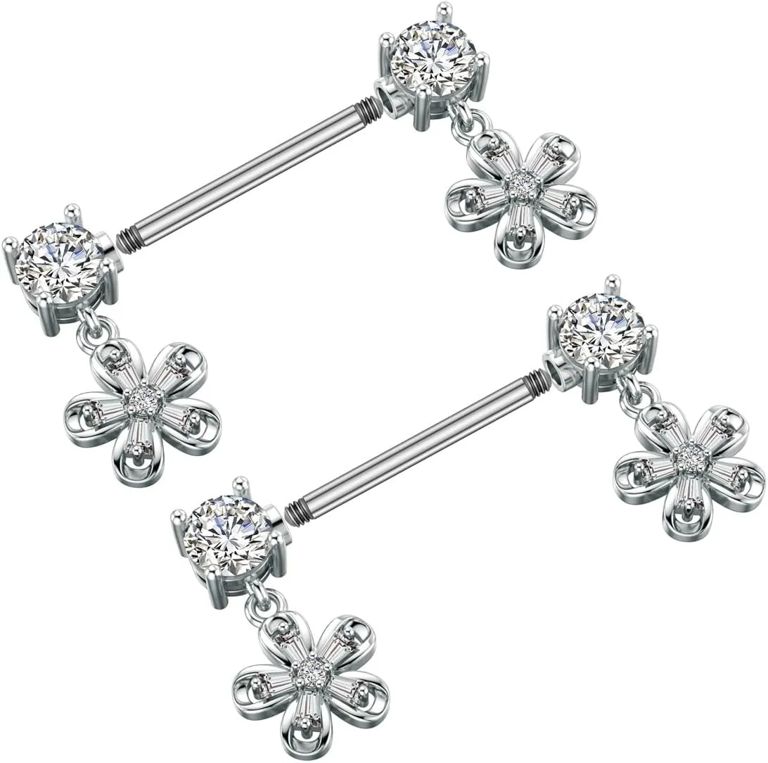 Kokoma Dangle Drop Charm Nipple Rings for Women CZ Crystal Star Cross Butterfly Dangling Nipplerings Straight Tongue Rings Eye Barbell Piercing 14G Body Piercing Jewelry