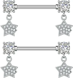 Kokoma Dangle Drop Charm Nipple Rings for Women CZ Crystal Star Cross Butterfly Dangling Nipplerings Straight Tongue Rings Eye Barbell Piercing 14G Body Piercing Jewelry