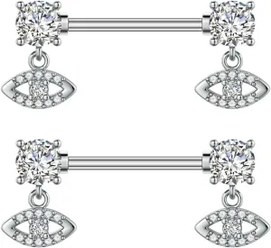 Kokoma Dangle Drop Charm Nipple Rings for Women CZ Crystal Star Cross Butterfly Dangling Nipplerings Straight Tongue Rings Eye Barbell Piercing 14G Body Piercing Jewelry