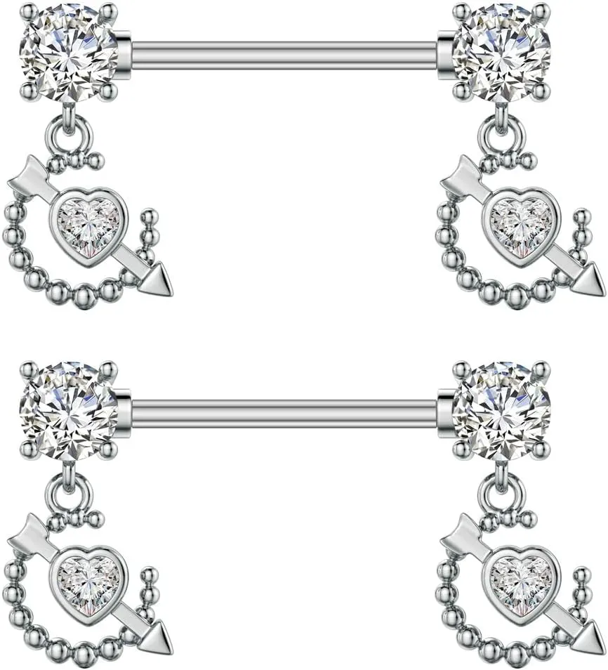 Kokoma Dangle Drop Charm Nipple Rings for Women CZ Crystal Star Cross Butterfly Dangling Nipplerings Straight Tongue Rings Eye Barbell Piercing 14G Body Piercing Jewelry