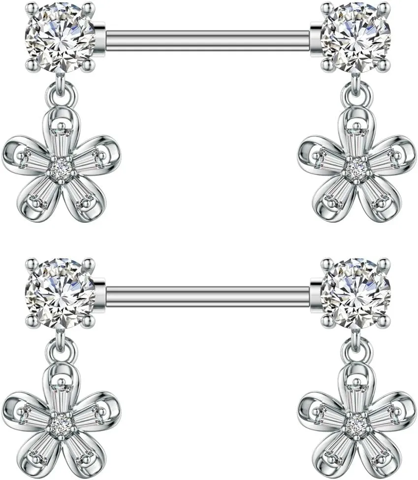 Kokoma Dangle Drop Charm Nipple Rings for Women CZ Crystal Star Cross Butterfly Dangling Nipplerings Straight Tongue Rings Eye Barbell Piercing 14G Body Piercing Jewelry
