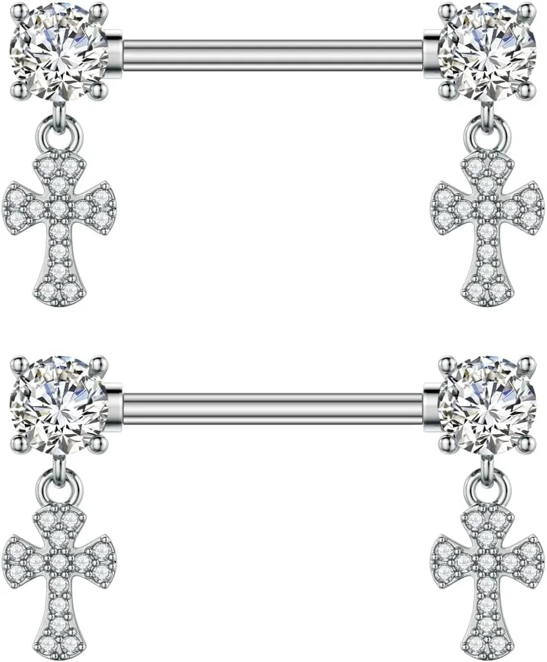 Kokoma Dangle Drop Charm Nipple Rings for Women CZ Crystal Star Cross Butterfly Dangling Nipplerings Straight Tongue Rings Eye Barbell Piercing 14G Body Piercing Jewelry