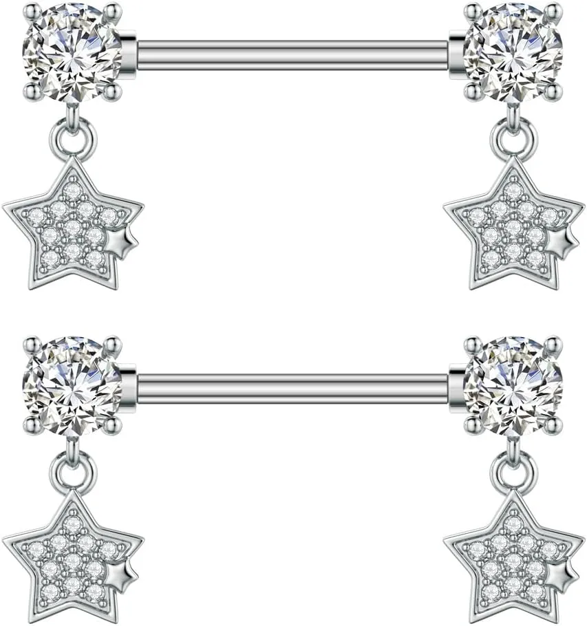 Kokoma Dangle Drop Charm Nipple Rings for Women CZ Crystal Star Cross Butterfly Dangling Nipplerings Straight Tongue Rings Eye Barbell Piercing 14G Body Piercing Jewelry